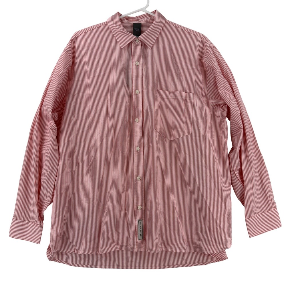 Savage X Fenty Lounge Shirt Womens Large Pink Striped Button Front Oversized NWT